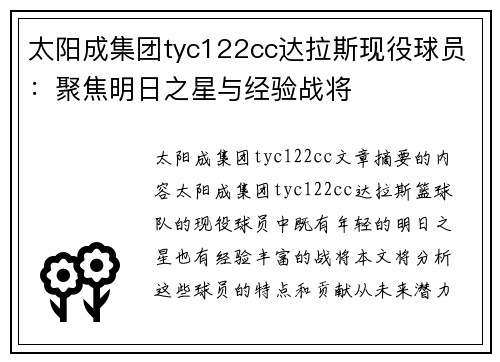 太阳成集团tyc122cc达拉斯现役球员：聚焦明日之星与经验战将